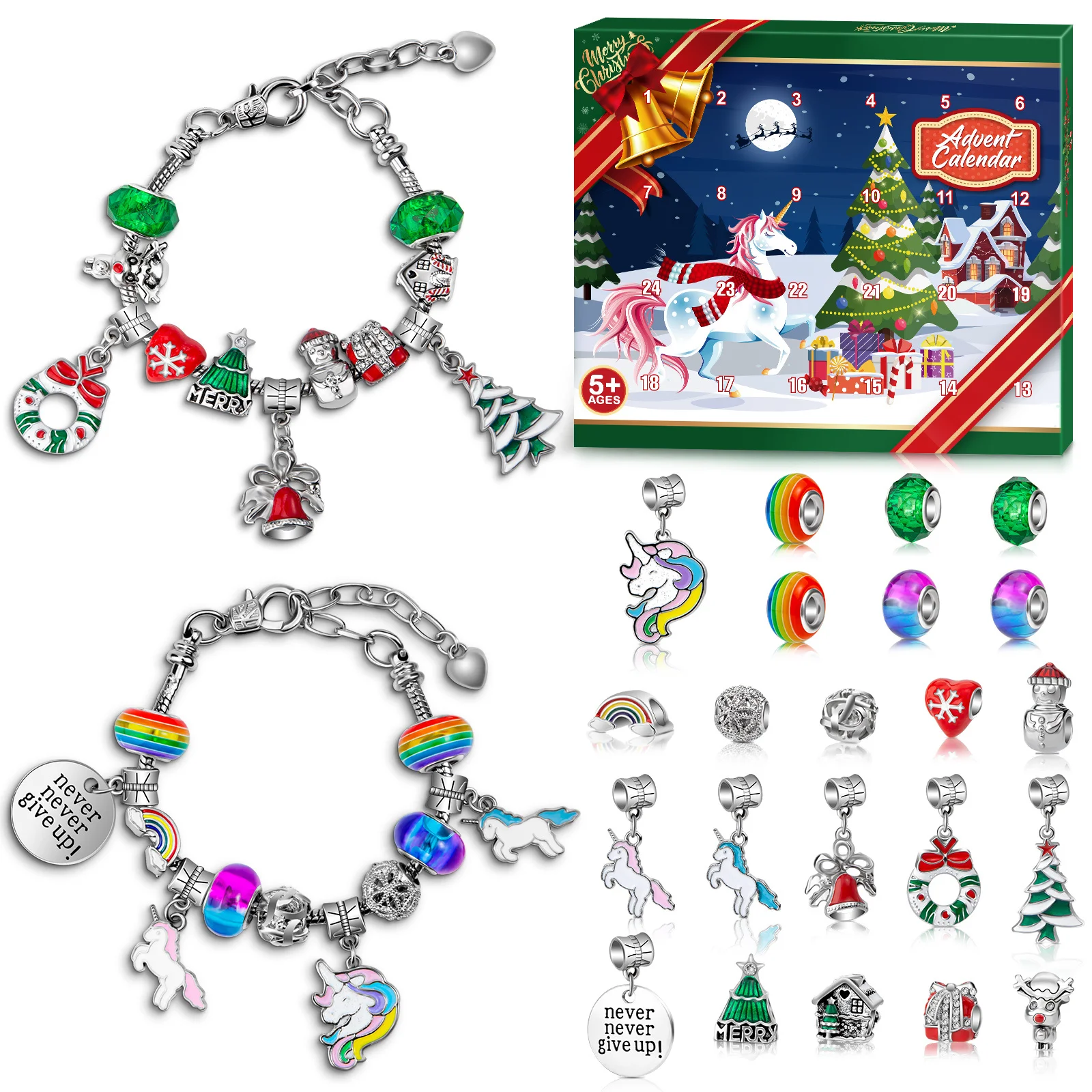 24 Days Christmas Countdown Calendar with 2pcs DIY Charm Bracelets Kits Advent Calendar 2024 Girls Unicorn Bracelet Making Kit