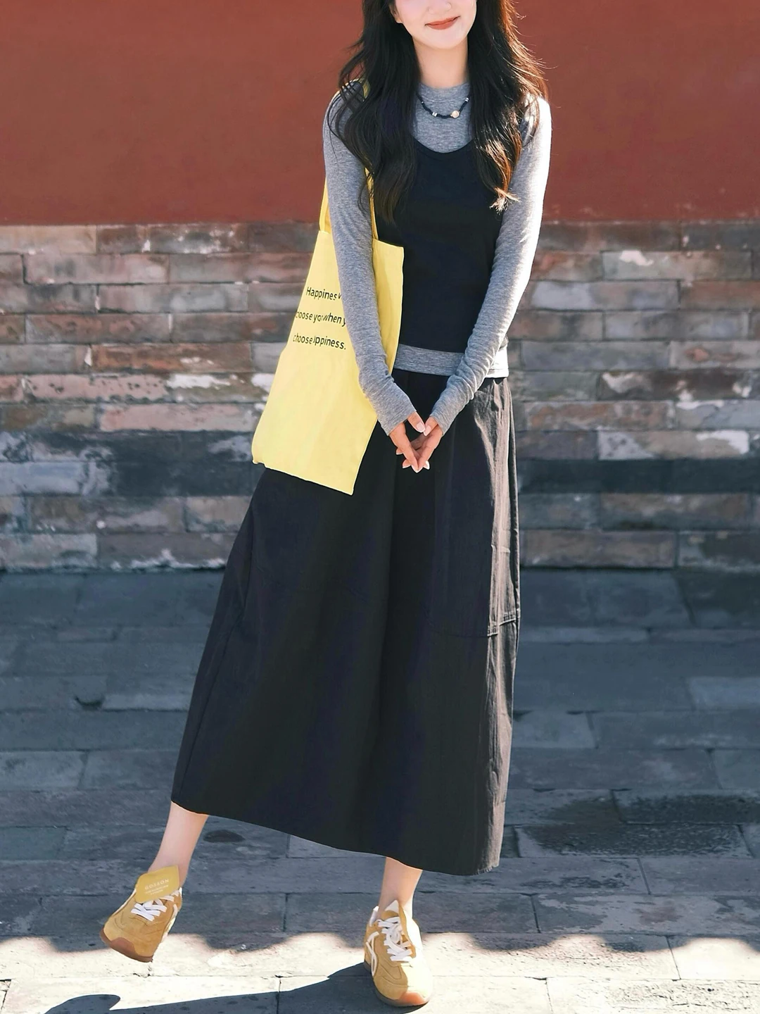 

Japanese Style Black Workwear Skirt Women's Elegant Layering Dress Dark Style Elastic Waist Midi A-Line Skirt