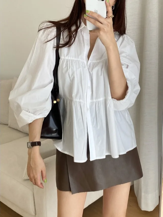 

Fashionable Loose Women's Bubble Sleeve Shirt Spring 2026 Chic Pleated Paneling French Style Long Sleeve Regular Length Pure ...