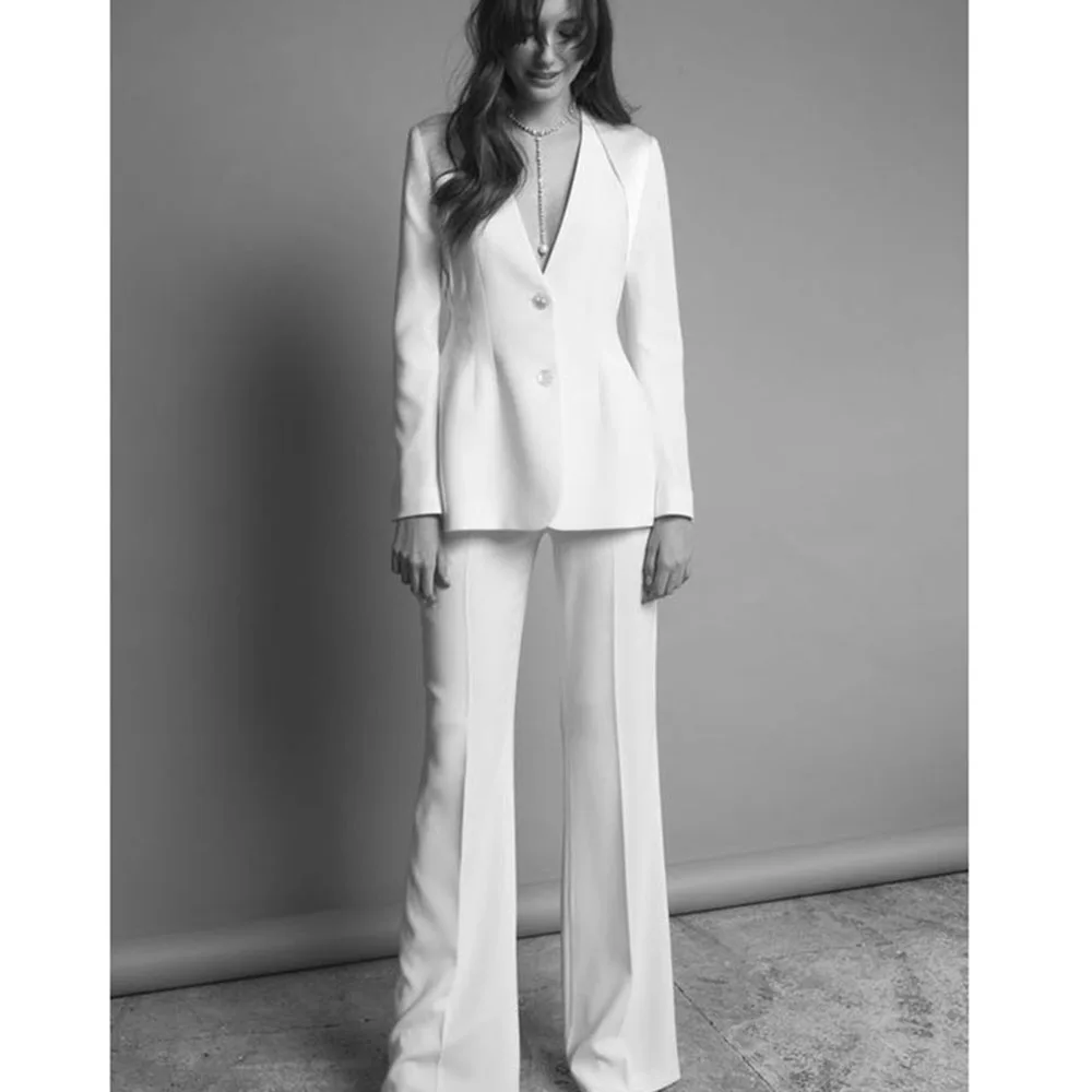 Trajes blancos de moda para mujer, chaqueta de 2 piezas con cuello en V y una hilera de botones, pantalones, ropa femenina, conjuntos de Blazers para banquete de oficina para mujer