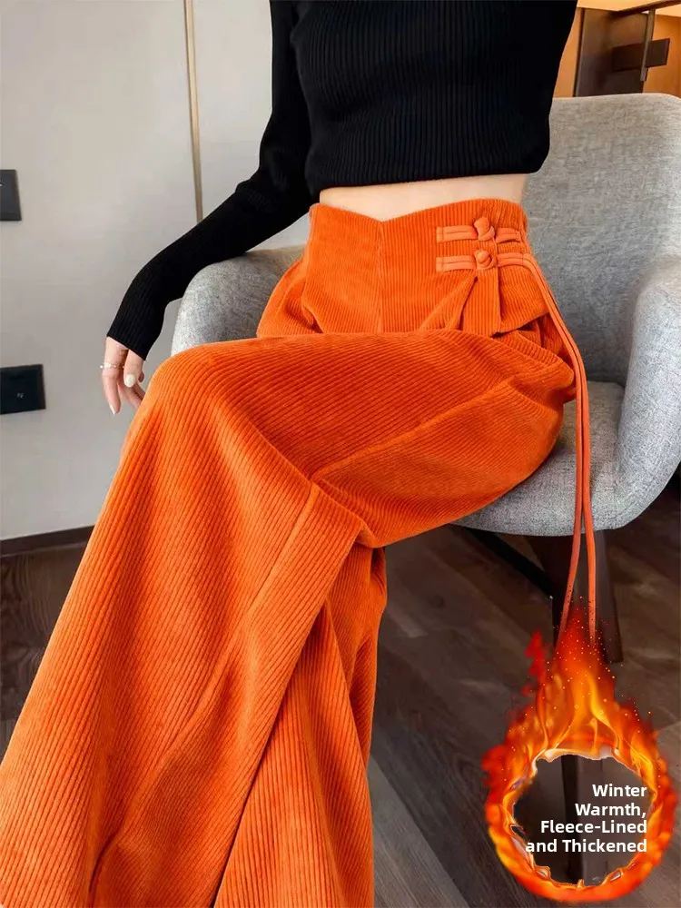 

Новые китайские оранжевые вельветовые брюки с широкими штанинами, высокой талией, прямого кроя, повседневные, для женщин, зимняя мода 2026