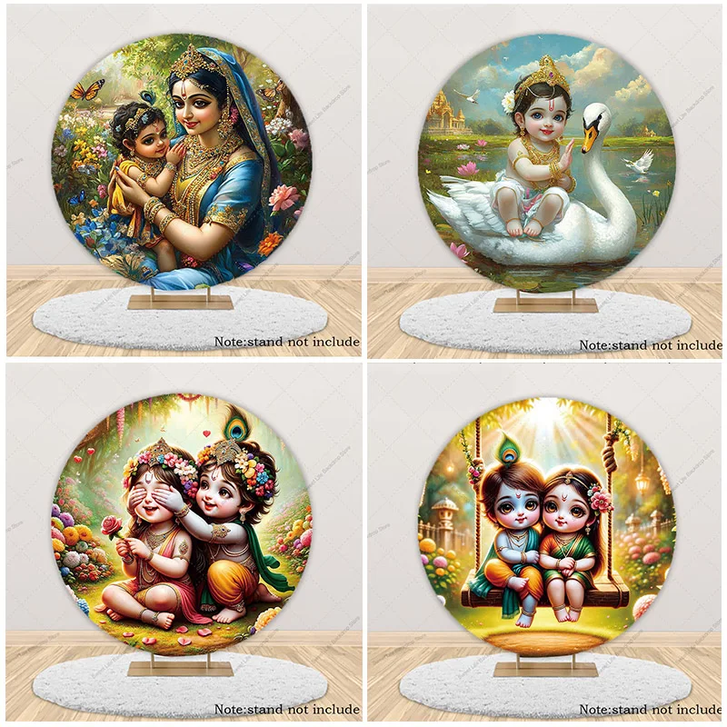 Krishna الطفل غطاء خلفية مستديرة استحمام الطفل حفلة عيد ميلاد الديكور الهندي غطاء دائرة التصوير الدعامة