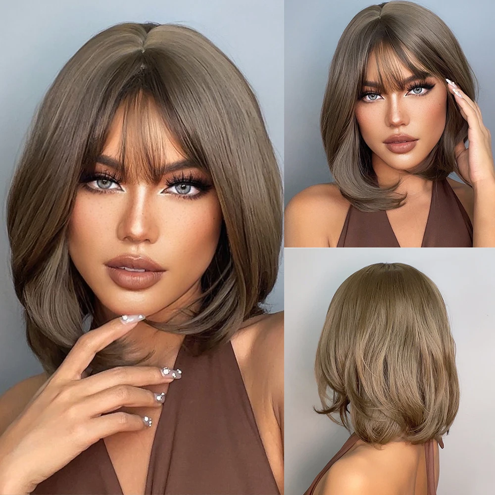 

ALAN EATON Brown Short Hair Wig With Bangs Straight Synthetic Wig for Women Natural Looking Daily Fake Hair Heat Resistant Fiber