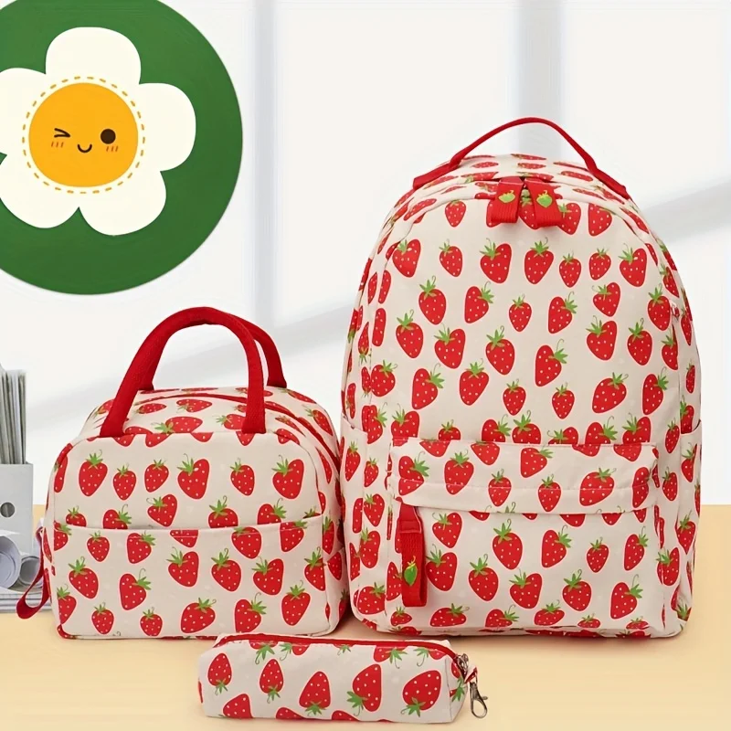 

Милый рюкзак с клубничным узором, 1 комплект эстетической школьной сумки для путешествий в консервативном стиле с сумкой для ланч-боксом и пеналом