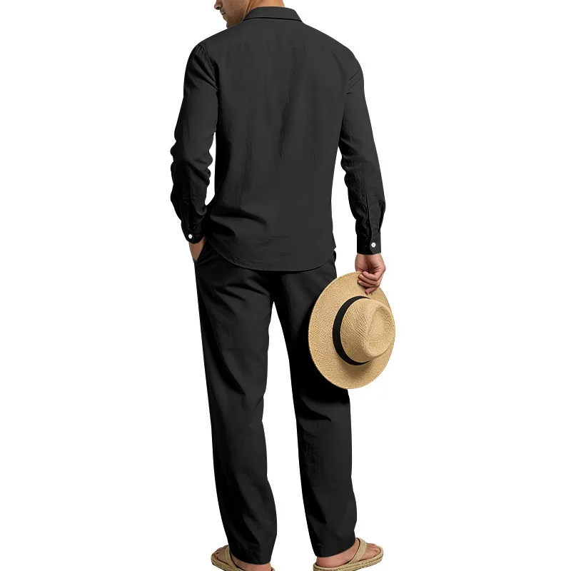 Europäisch-Amerikanisches Herren-Leinen-Freizeitset: Hemd mit Umlegekragen und Hose mit hohem Bund und Gürtel – Locker, atmungsaktiv, für Urlaub und Strand – Detail 23