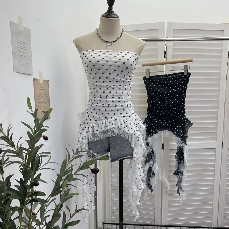 Women‘s Summer Top Polka Dot Printed Mesh Bandeau Tank Top Irregular Patchwork Lace Streamer Frill Hem Sleeveless SexyTop7231