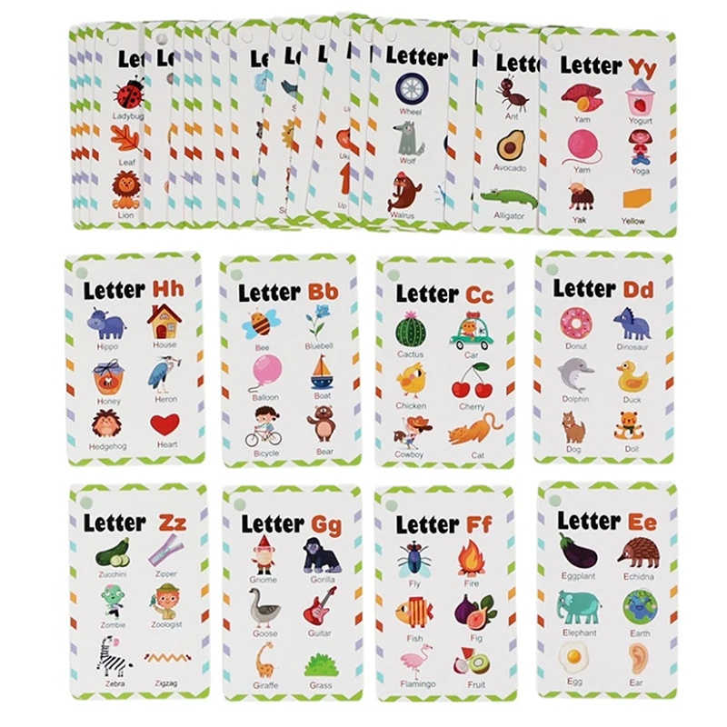 27 English Alphabet Flash Cards, 156 A-Z English Words, Alphabet Phonics English Learning Spelling Cards, Letter Pronunciation