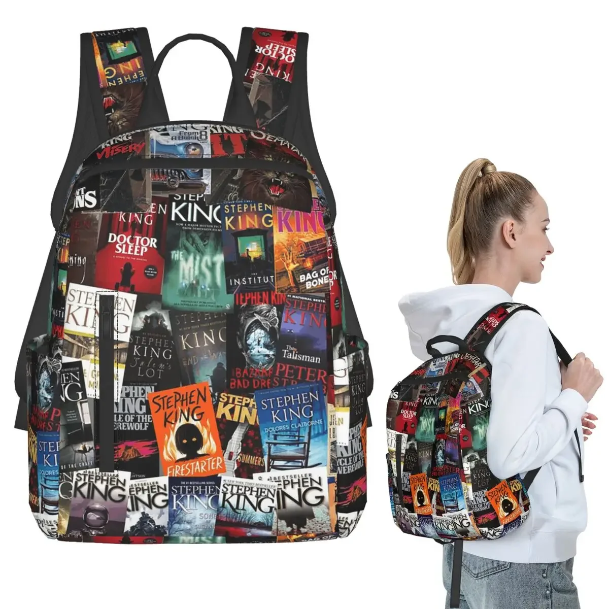 

Stephen King Book Covers, Horror Bookworm Backpack Student Boys Girls BookBag Children School Bag Laptop Shoulder Bags