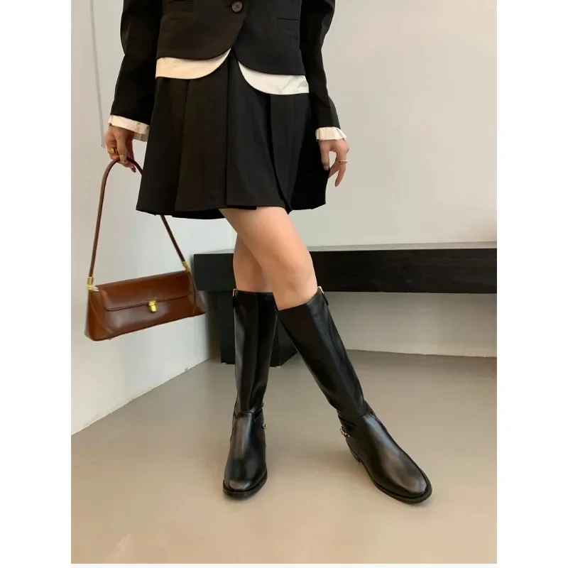 2023 Winter Women Long Boot Fashion Genuine Leather Ladies Knee-High Boots Shoes Square Low Heel Women's Black Knight Botties