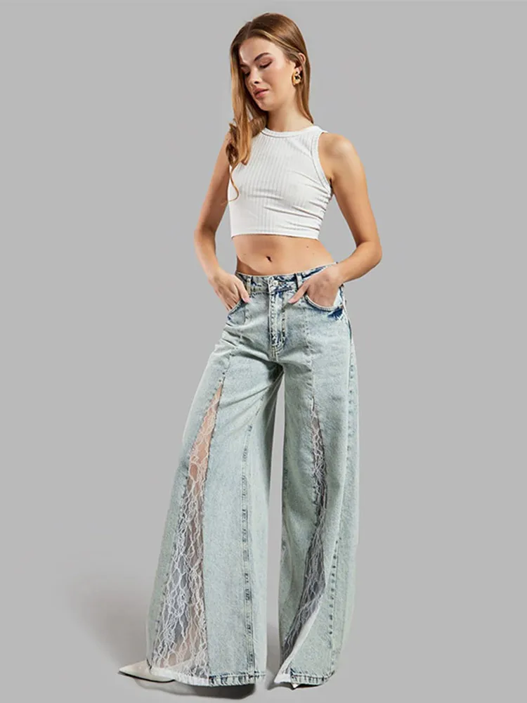 

Designer Women's High Waist Wide Leg Denim Jeans Trendy Lace Patchwork Detail Spring Fall Streetwear Pants Washed Blue Trousers