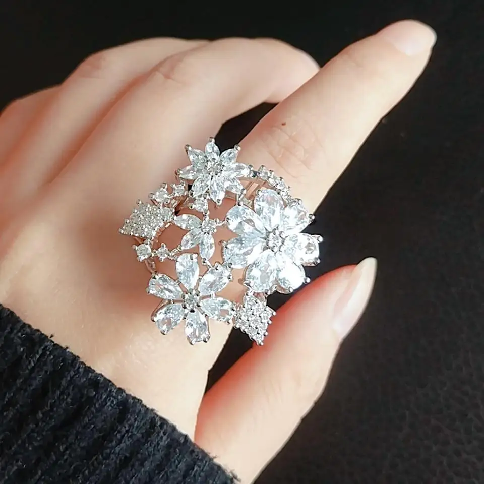 ZAKOL Luxury Multi Flower Cluster Cubic Zirconia Open Ring For Women Sparkling Bridal Wedding Engagement Party Jewelry Gift