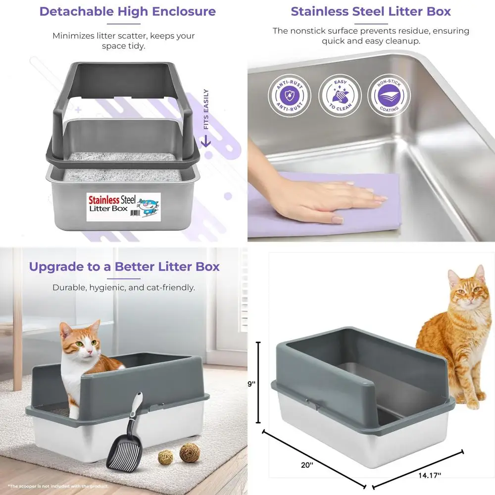 

Кошачий лоток среднего размера из нержавеющей стали с высокими бортиками и совком