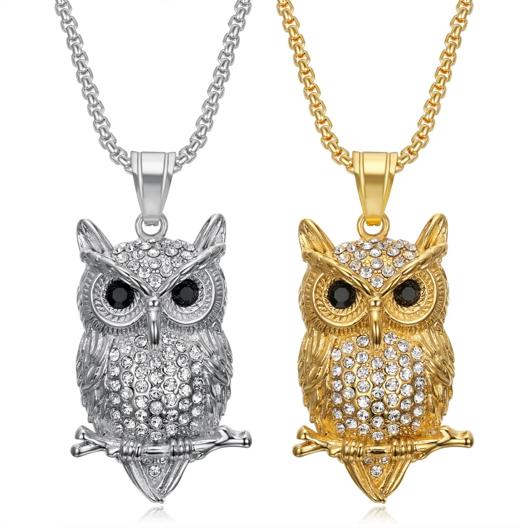 

Punk Iced Out Tennis CZ Owl Pendant Gold Silver Color Stainless Steel Chain Zirconia Animal Necklace for Women Men Lucky Jewelry