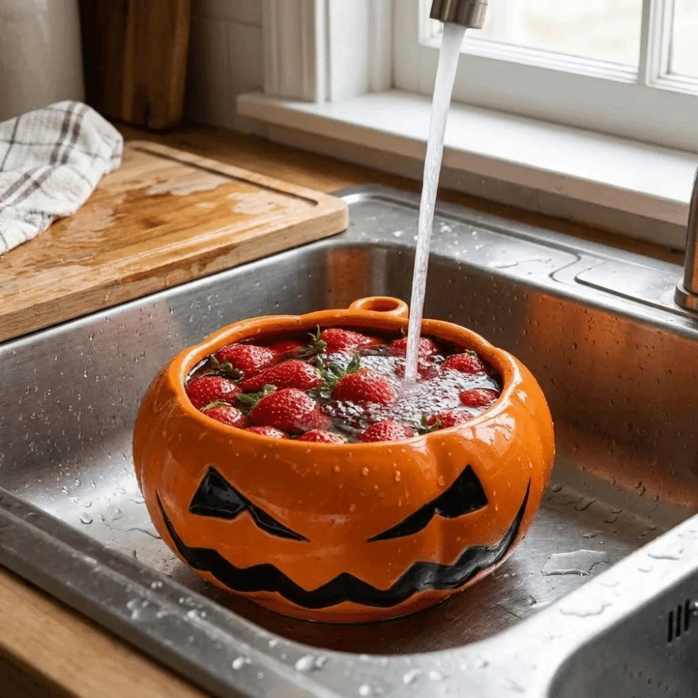 Ceramic Pumpkin Shaped Fruit Washing Bowl Large Capacity Self-spinning Berry Cleaning Basin 360° Rotating Quick Drain