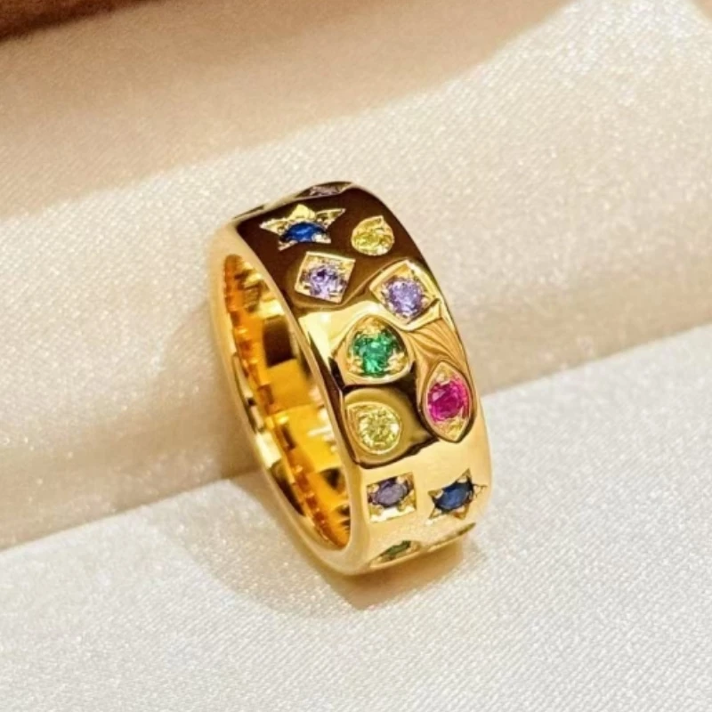 

BELLUX S925 Pure Silver Colored Diamond Smooth Ring Gold Silver Color Fine Fashion Rainbow Dopamine Ring