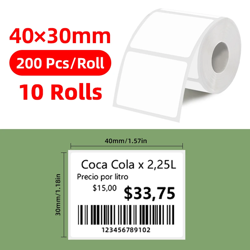 10 Rolls of White Thermal Label Stickers 40X30Mm, Each Roll Contains 200 Label Stickers, Home Office Labels, Compatible with M110/M220/M221/M120/P50 Thermal Label Printers