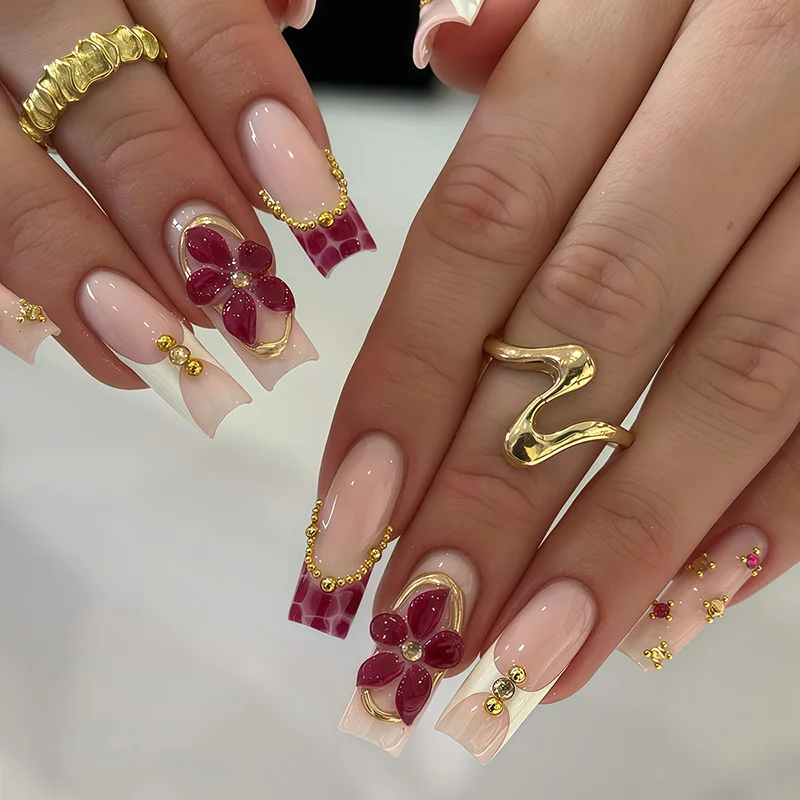 

24pcs Flower Purple False Nails Art French Long Square Fake Nail Tips with Pearl Decor Design Coffin Press on Nails Set Finished