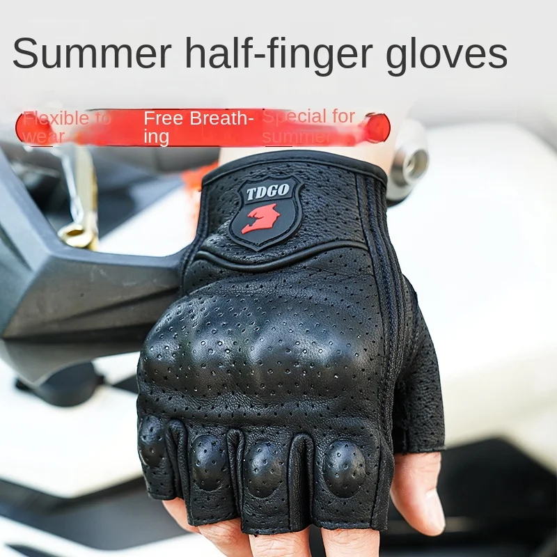 Summer Motorcycle Fingerless Gloves Accessories Goatskin Leather Breathable Half Finger Gloves Sports Riding Motocross Moto view 2