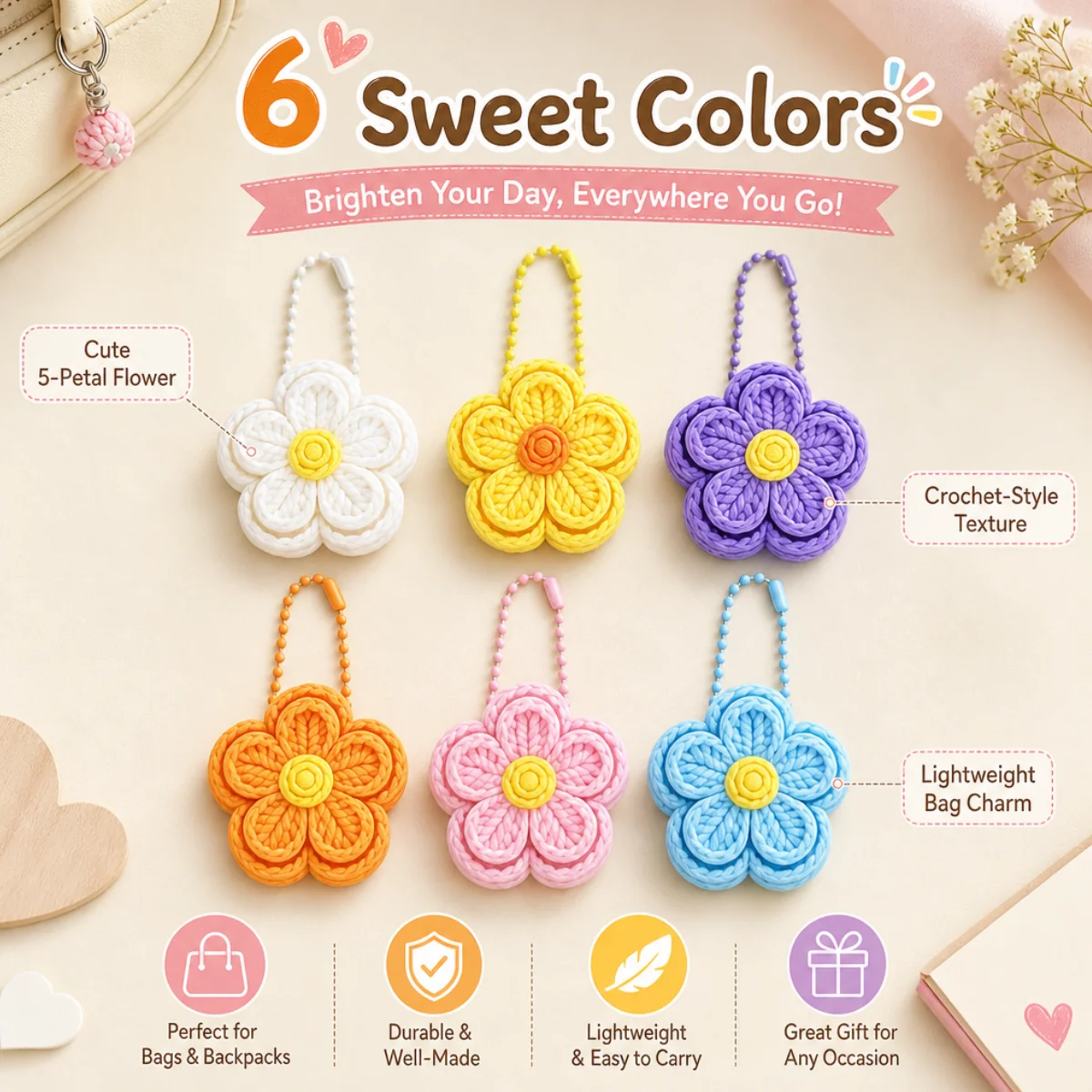 1Pc Floral Stress Relief Popper Keychain,3D Printed PLA,Handmade Knitted Texture,Multicolor Portable Backpack Hanging Decor
