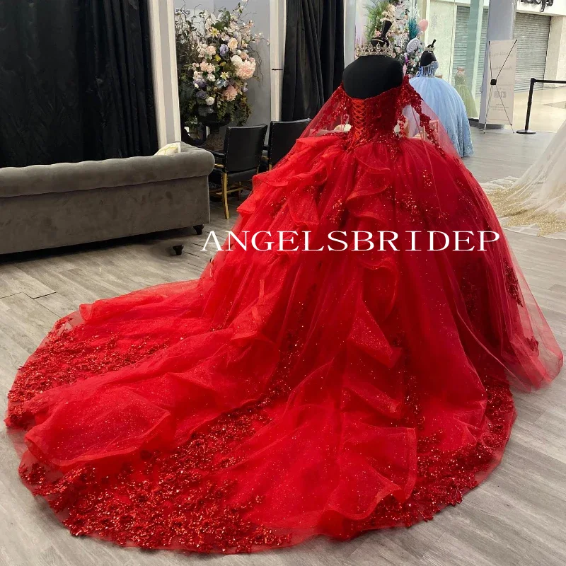 Angelsbridep ที่กําหนดเองหรูหราปิดไหล่ชุดบอล Quinceanera ชุดสีแดง Glitter Tulle Vestidos De 15 ปี Quinceañeras