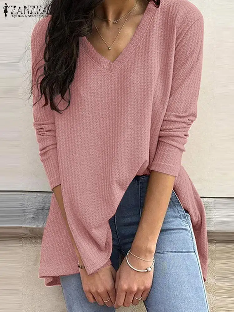 ZANZEA Women V Neck Tops 2024 Autumn Solid color T shirts Casual Loose Basic Textured Tunics Ladies Long sleeve Wafled Blouse