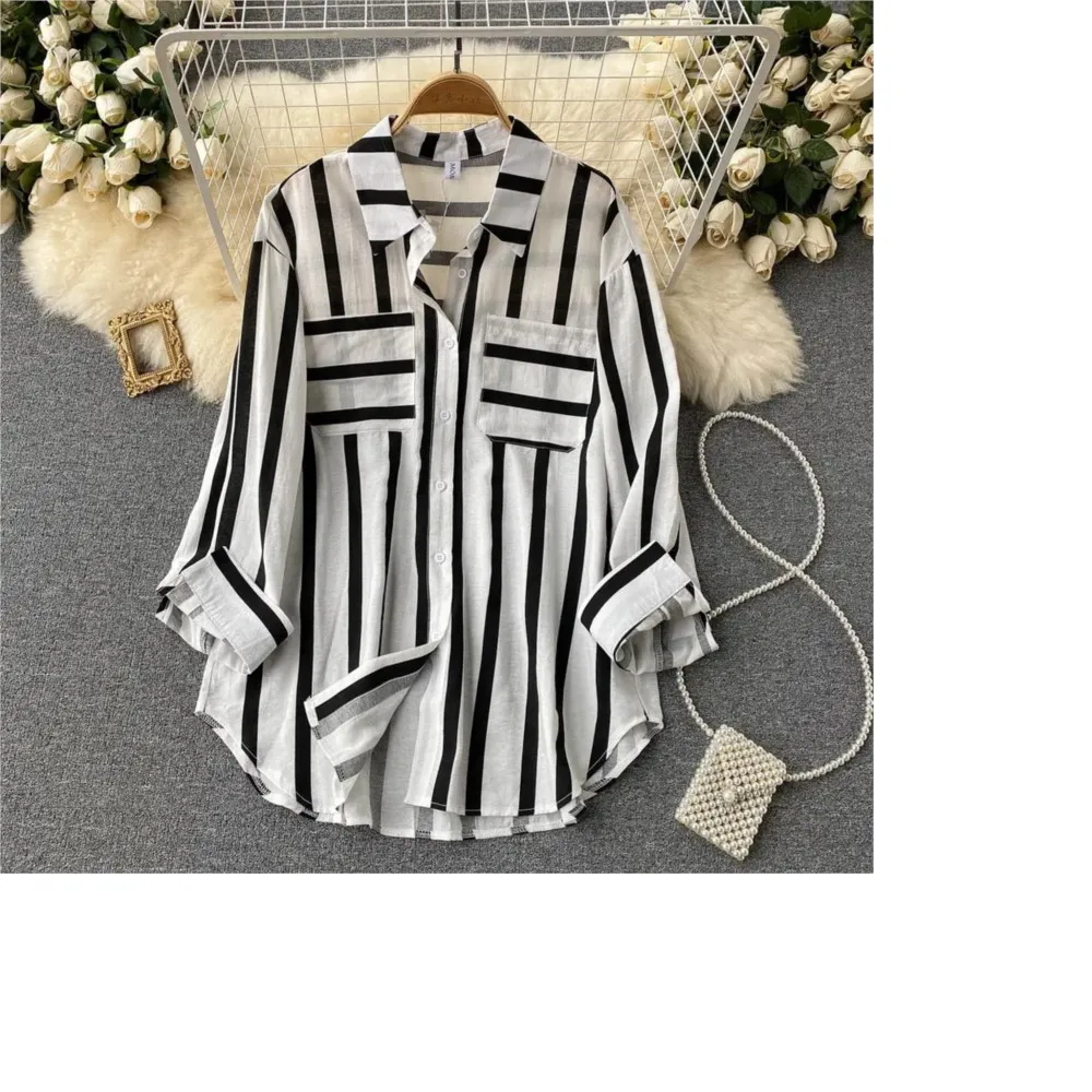 

Women Fashion Stripe Shirt Korean Style Casual Loose Long Blouse And Top 2024 Spring Summer New Women's Shirts