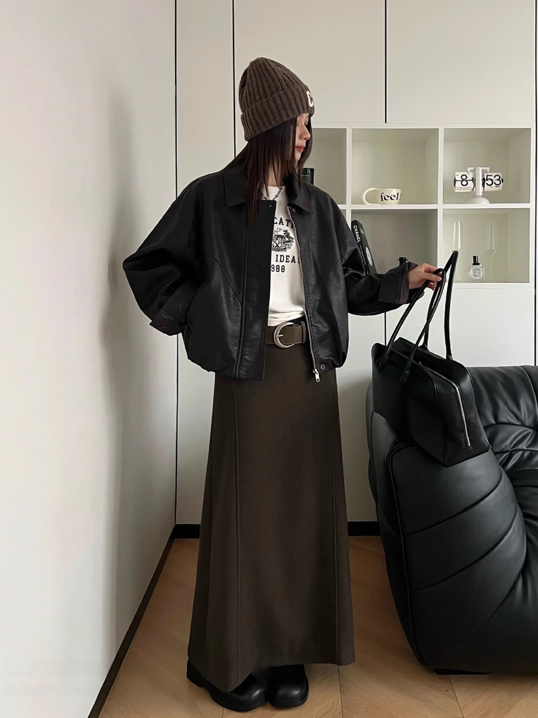 Jaqueta Feminina de Couro Sintético para Outono/Inverno com Zíper, Algodão Quente e Grosso, Estilo Casual Retrô, Jaqueta Preta com Gola de Aba Quente