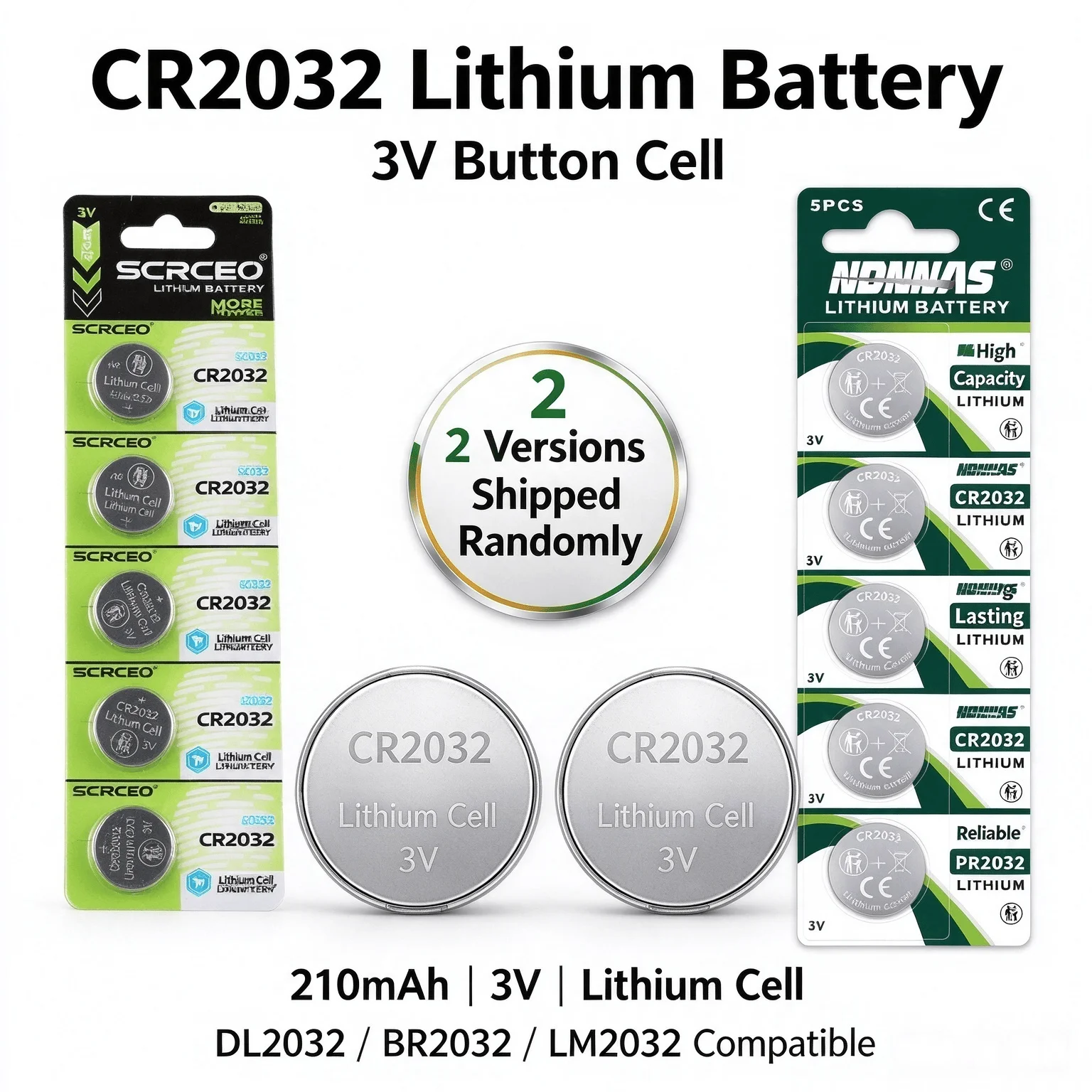 3V CR2032 210mAh Lithium Battery 2-100PCS Replacement for DL2032/BR2032 Button Coin Cell Compatible with Car Key Remote, Watch T
