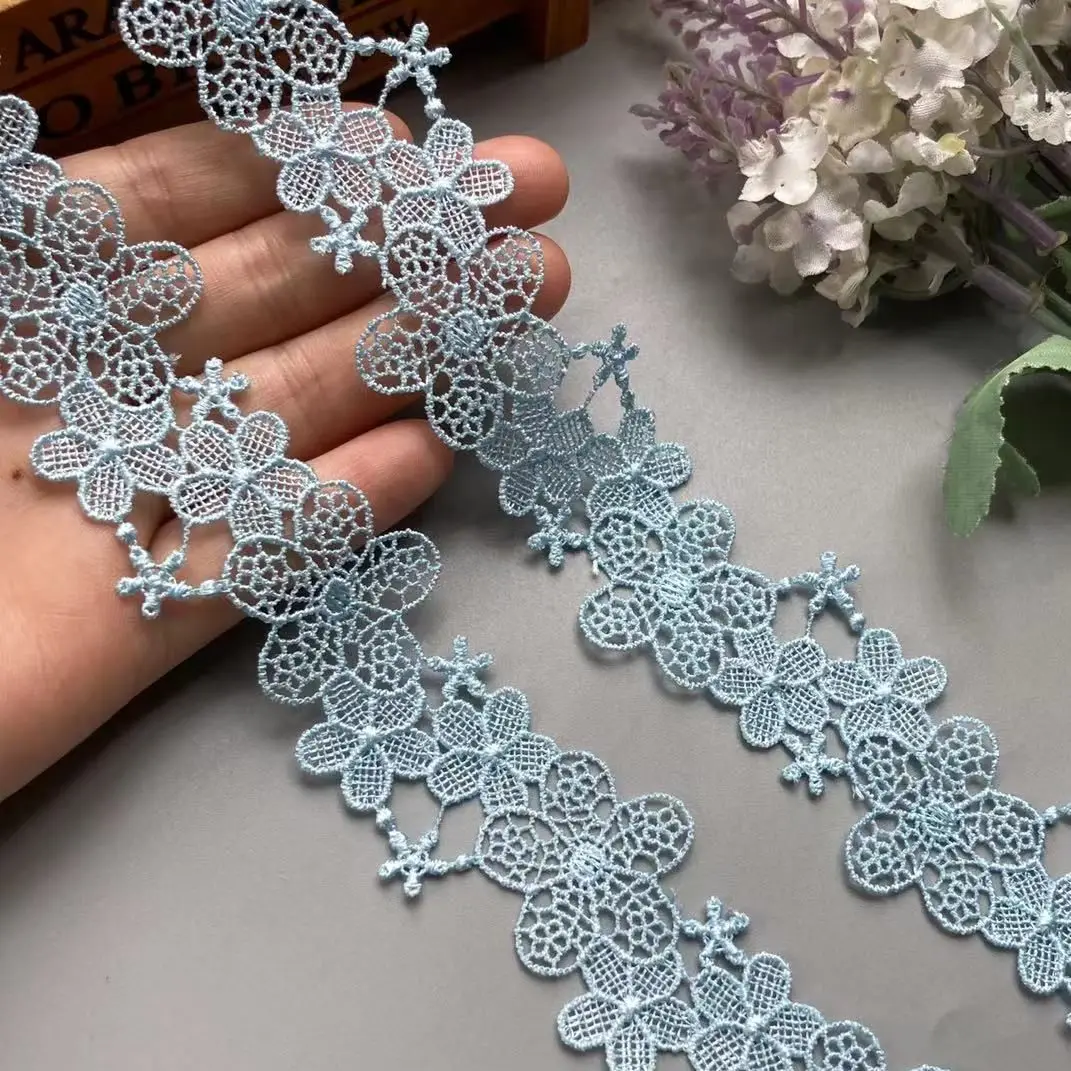 2 Yards Blue 3cm Flower Embroidered Soluble Polyester Fabric Lace Trim Ribbon Handmade DIY Sewing Craft For Costume Decoration