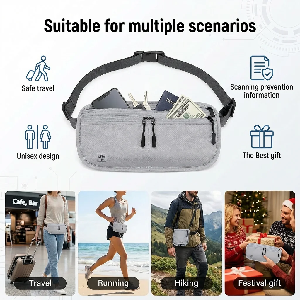 Premium RFID Blocking Travel Waist Pouch, Multi-Wear Anti-Theft Bag Durable Ripstop Fabric Waterproof Zippers