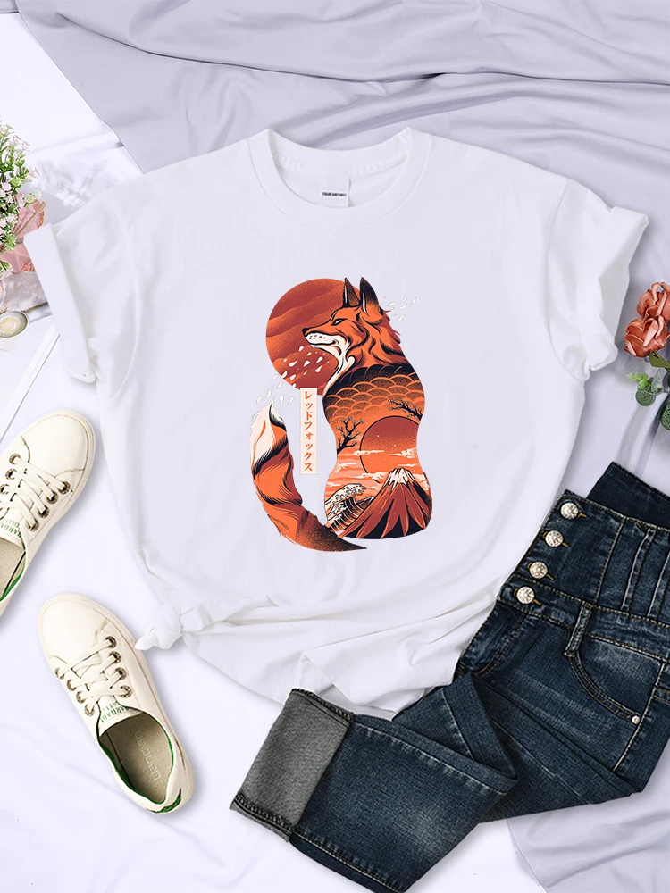 Japanese Style Cool Fox Retro PrintingT Shirt Women Fashion Casual Tee Loose Summer Tops Personality Crewneck T-Shirt