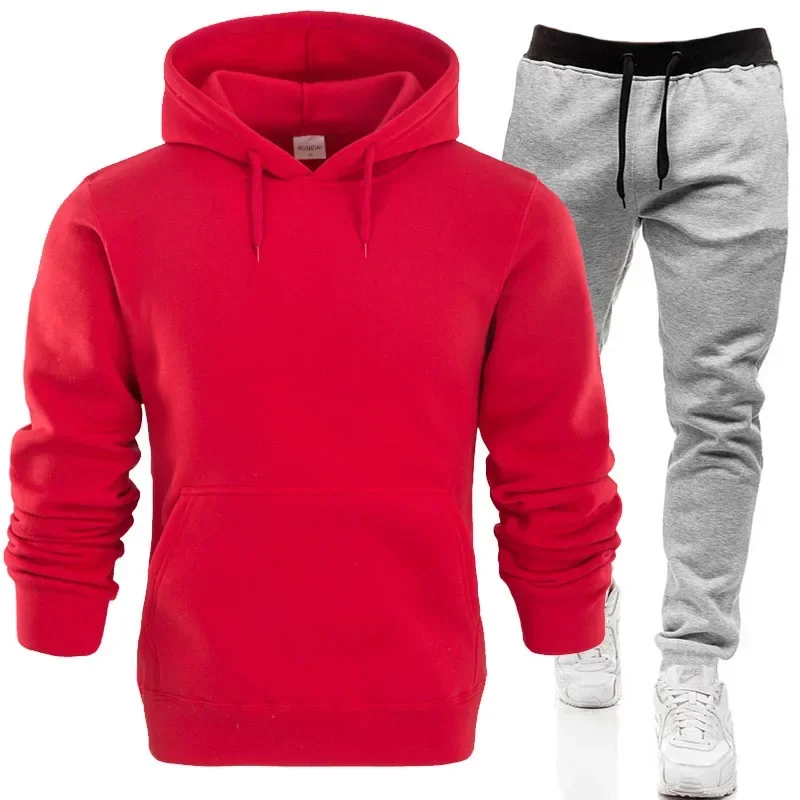 Men Tracksuits Autumn Winter Fleece Warm Suit 2 Pieces Sets Hooded Sweatshirt Pants Long Sweatpants Streetwear Men Outfit Set