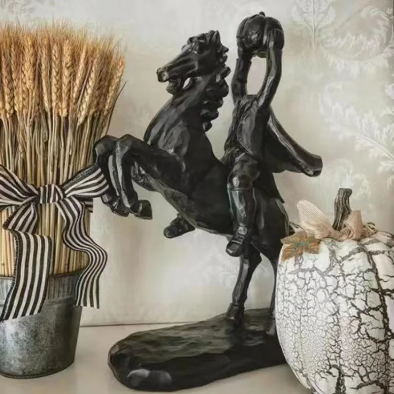 Halloween Headless Horseman Statue - Pumpkin Ghost House Design | Gothic Home Accent | Resin Craft
