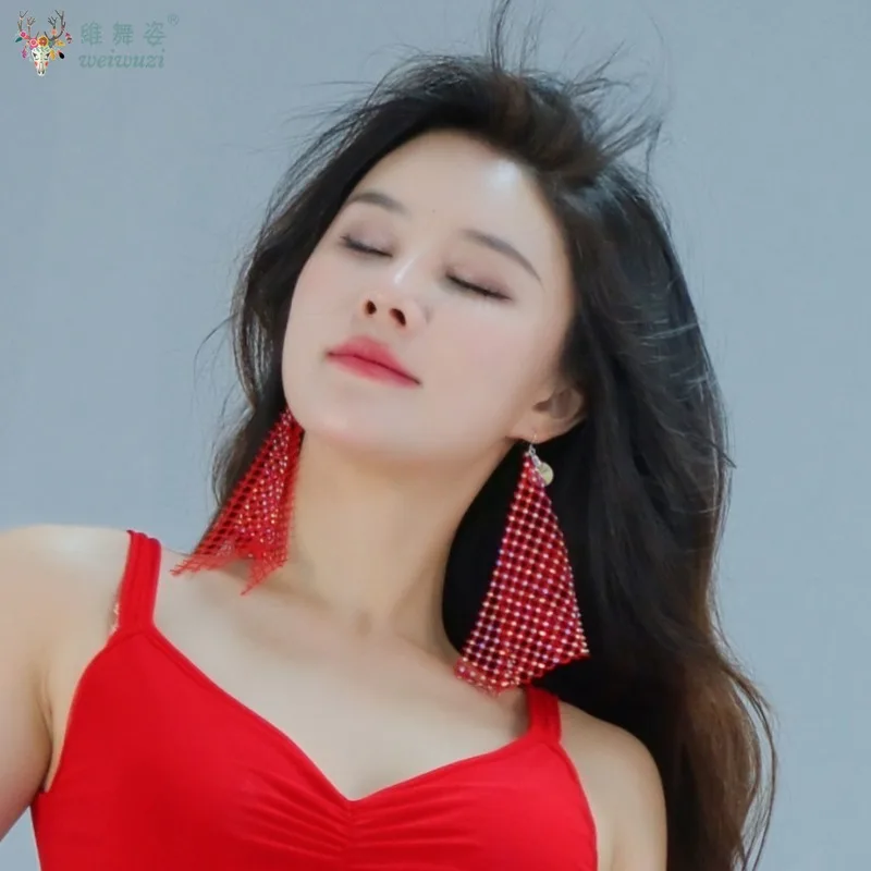 Belly Dance Competition Personality Net Earrings Accessories All Manual Diamond Earrings Latin Performance Clothing Ornament