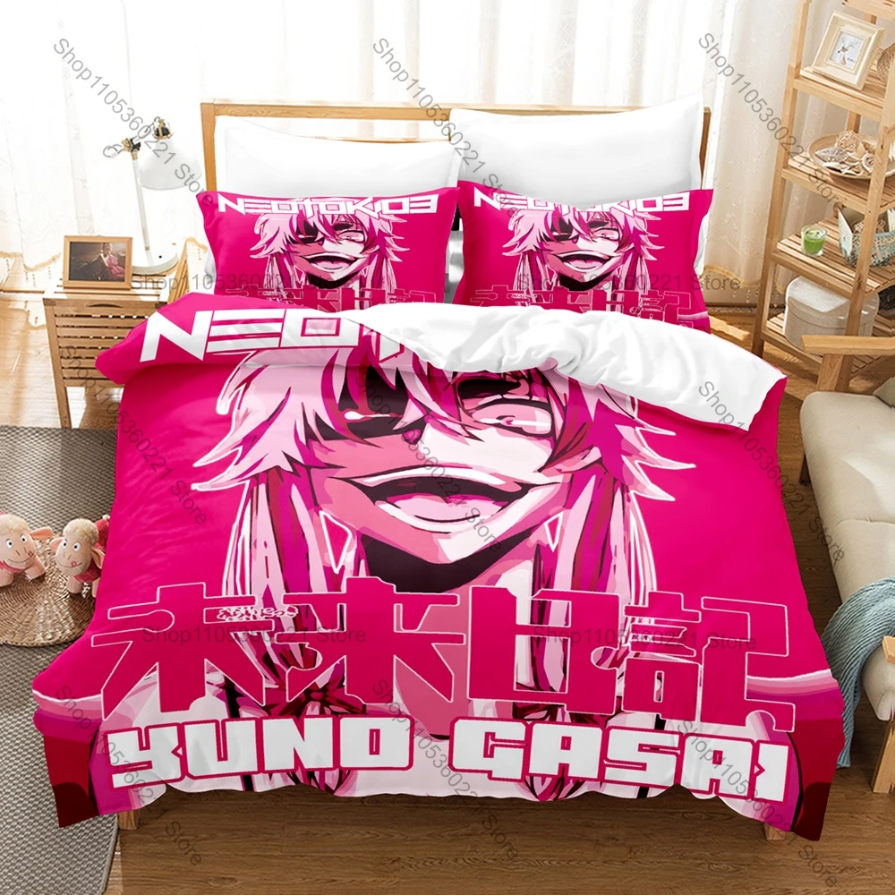 Cool Mirai Nikki Yuno Gasai Bedding Set 3 Piece Breathable Duvet Cover Set for Kpop Fans Gift Bedroom Decoration