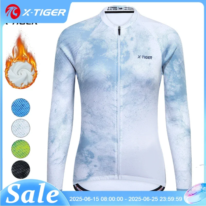 

X-TIGER Women's Cycling Jersey Winter Thermal Long Sleeve Cycling Shirt with 4 Rear Pockets Fleece Bicycle Clothes Jeresy
