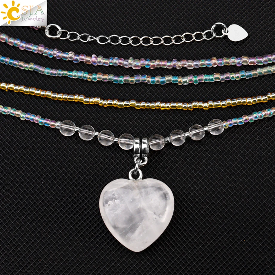 CSJA Heart Quartz Pendant Necklace for Women Healing Natural Stone Amethysts Crystal Charm Glass Bead Choker Christmas Gift T024