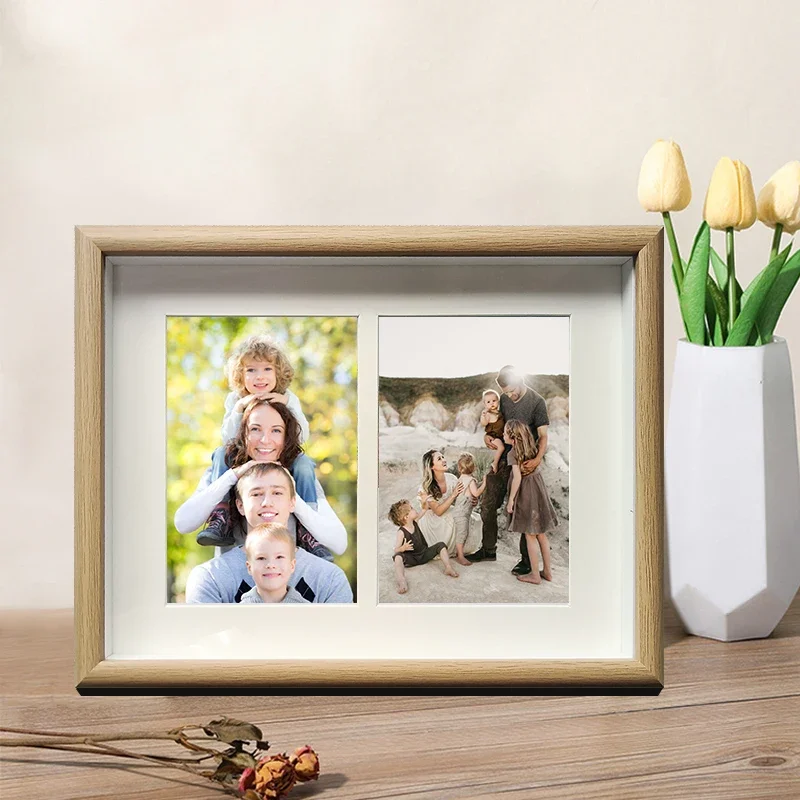 4x6inch Double Group Photo Frame Wall Home Decor Log Color Wood Frames 10x15CM Photo Picture Frame Can Be Placed and Hung