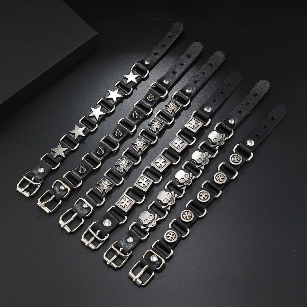 فاسق القوطية الهيب هوب جلد أسود فضي اللون المسامير نجوم الجمجمة الصليب سوار للنساء الرجال كول فتاة سوار HUANZHI جديد #2