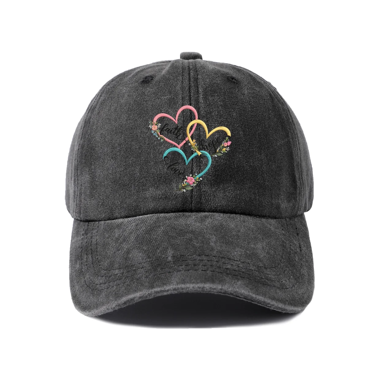 Multicolor Heart Outline Art Baseball Cap, Vintage Washed Adjustable Unisex Dad Hat, Travel Gift