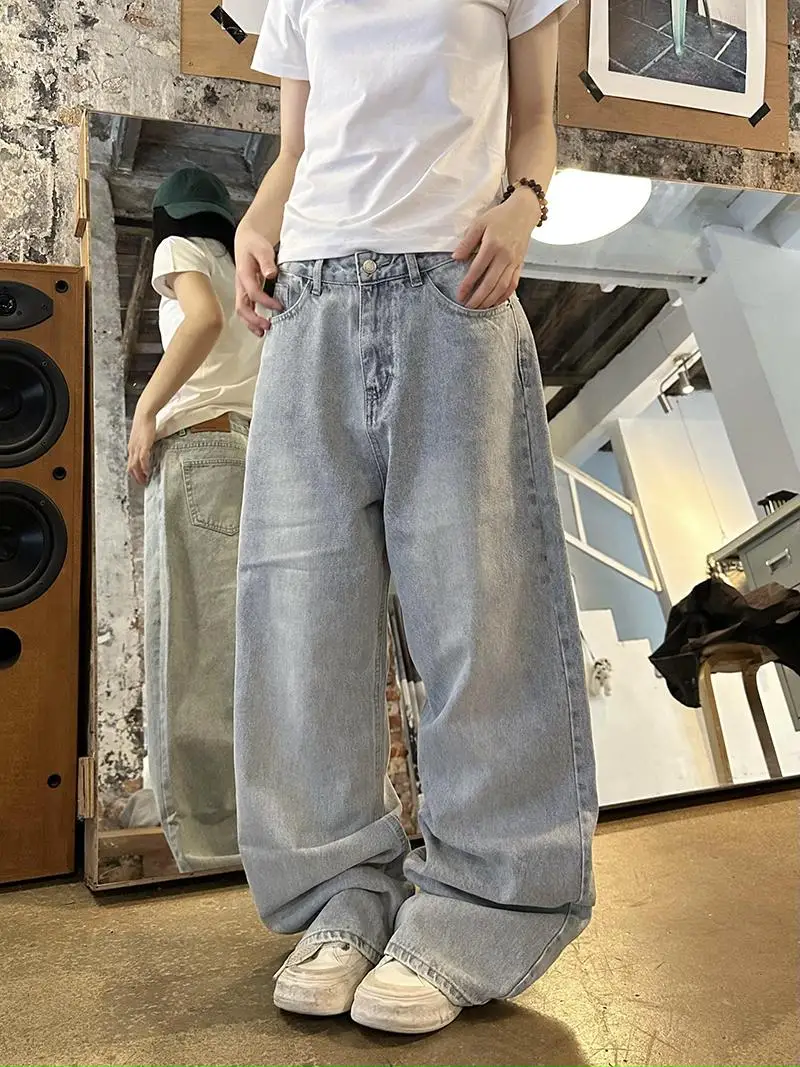 

Винтажные свободные мужские джинсы Waed, длинные брюки с высокой талией, повседневные универсальные американские уличные брюки, светло-голубые джинсовые брюки