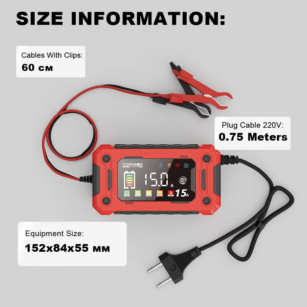 12V 15A Car Battery Charger With Power Recovery Function LED Digital Touch Screen Suitable For Automotive AGM GEL Batteries