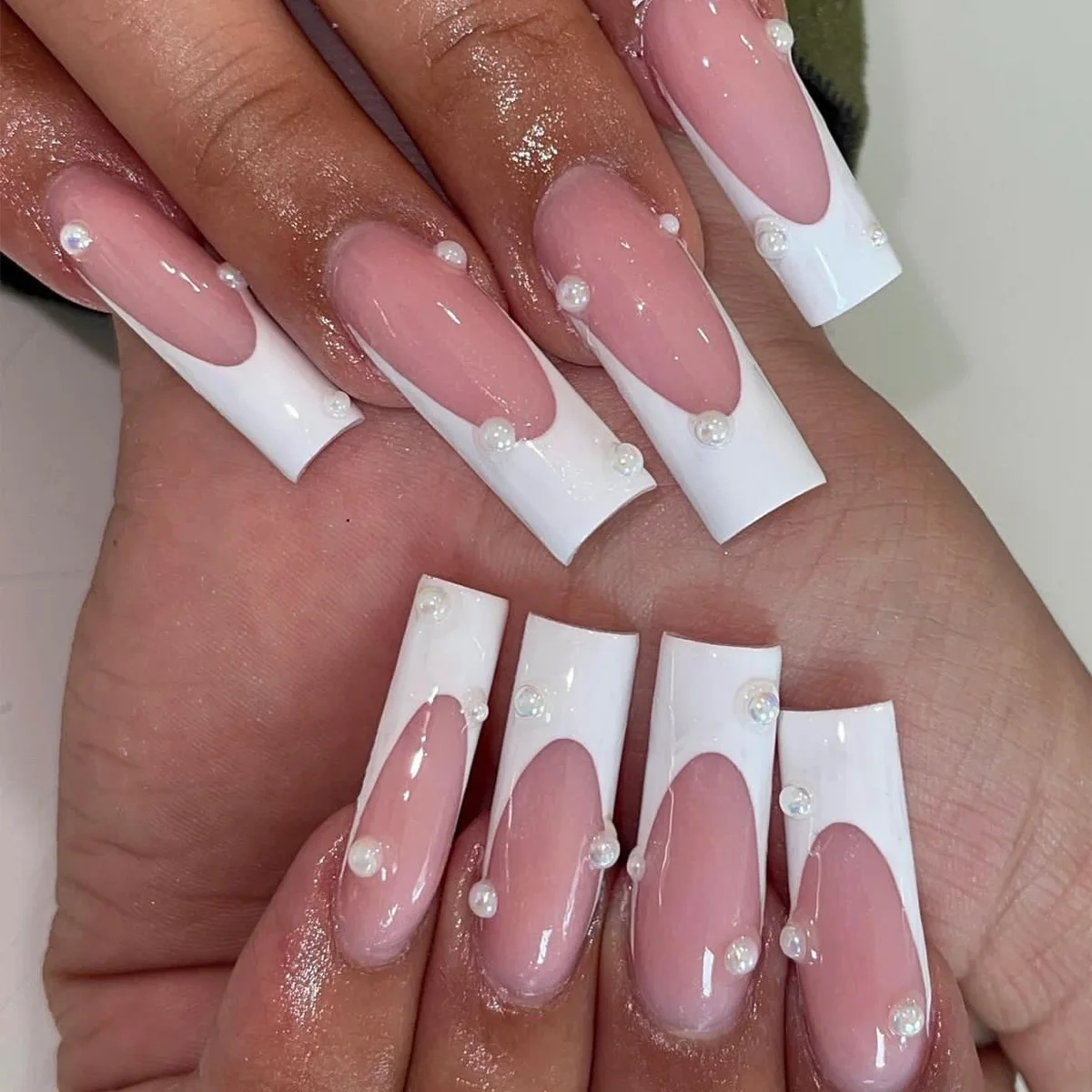 24Pcs Wearable Fake Nails Sets Square Head Aurora French False Nail Press on Patch with Sweet Love Pearl Decor Nails for Women 6
