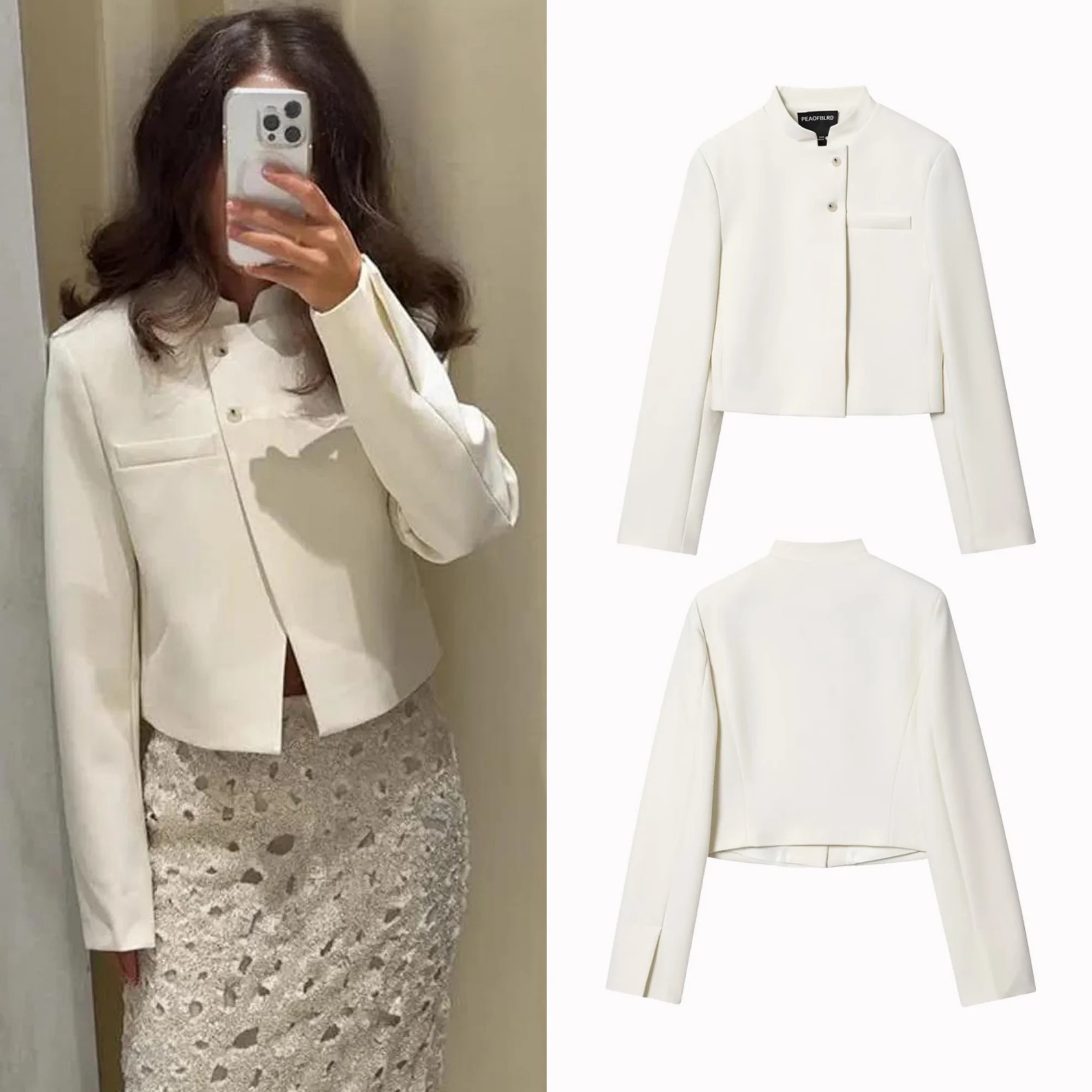 

Women Short Jacket Coat Autumn And Winter New Elegant Simple Lady'S White Blazers Jacket Single-Breasted Stand Collar Slim Coat