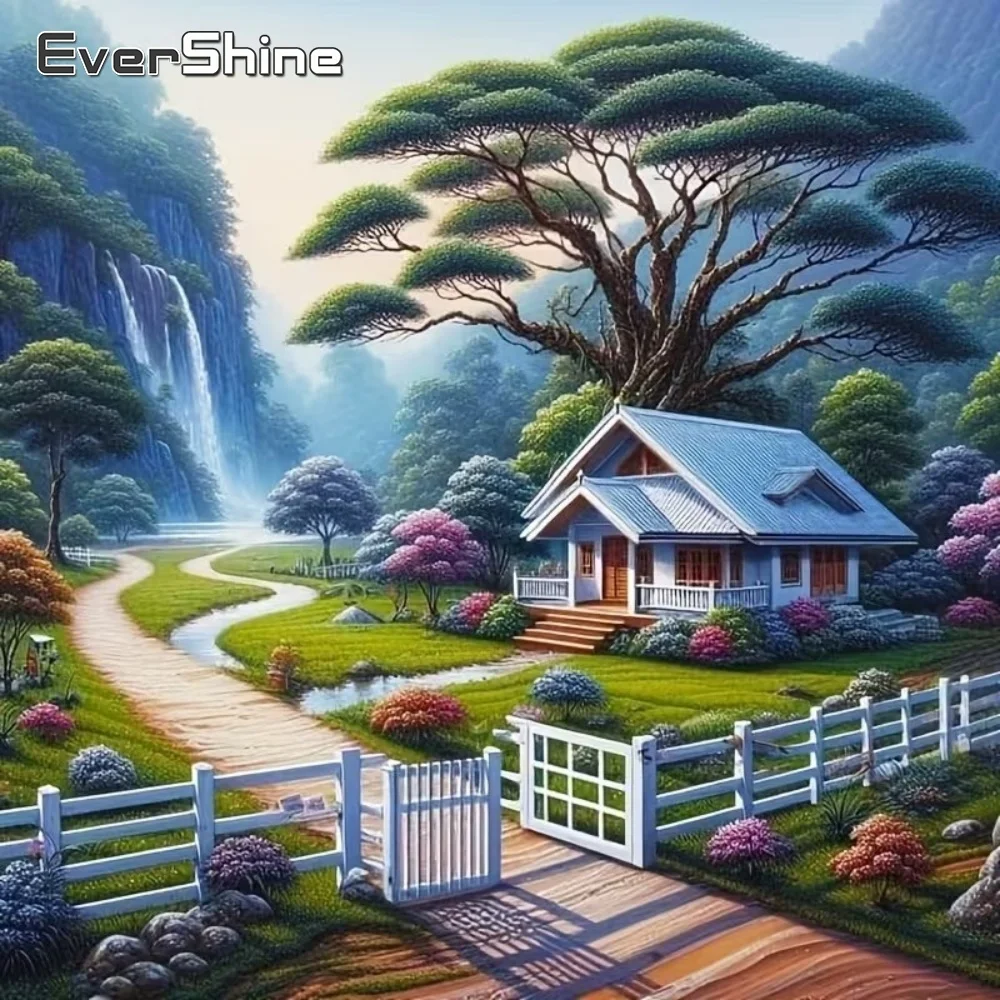 EverShine House Diamant-Mosaik-Landschaftsmuster für Erwachsene, Anfänger, Malerei, Baum, Stickerei, komplett, quadratisch, rund, DIY, Kindergeschenk