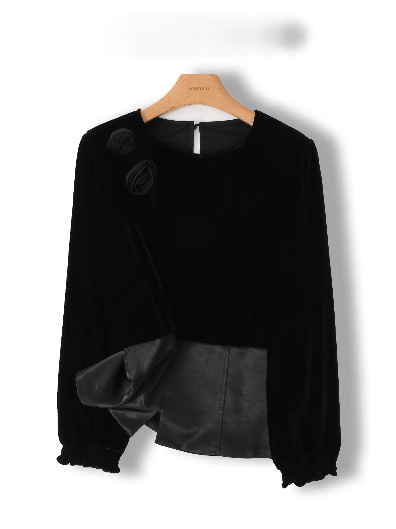

Velvet And Satin Patchwork Long Sleeve Shirt for Women Anti-Aging 3D Rose Flower Top French Style Straight Cut Lantern Sleeve
