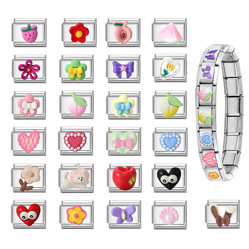 Cute Dog Heart Bow Peach Watermelon Rabbit Ear Italian Charm Links Fit 9MM Stainless Steel Bracelet Women Men Jewelry DIY Making