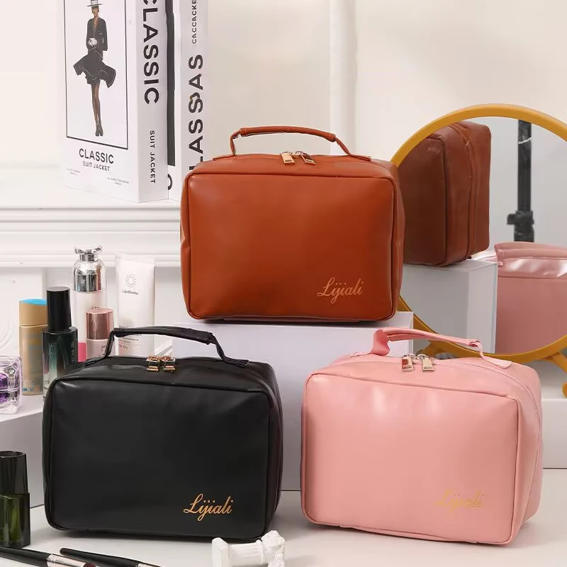 Large Capacity Travel Cosmetic Bag Portable Leather Cosmetic Bag Women Bathroom Wash Bag Multifunctional Toiletry Kit