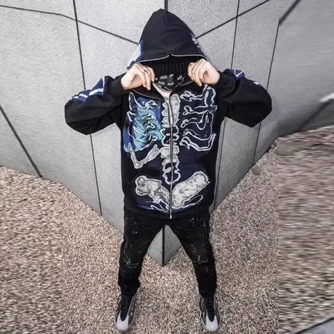 Cactus Jack Skull Skeleton Hoodie Reißverschluss Plüsch Cardigan Kanye Übergroße Y2K Herren Schwarze Modekleidung