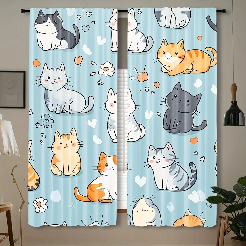 Lovely Cartoon Cat Heart Floral Curtain 2 Pack, Light Blue Base Kitten Print Drapes for Girls Nursery Bedroom Living Room Decor